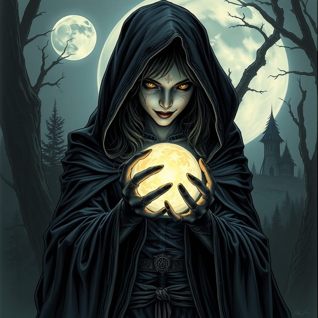 Dark Fantasy Warlock with Glowing Orb in a Haunting Portrait