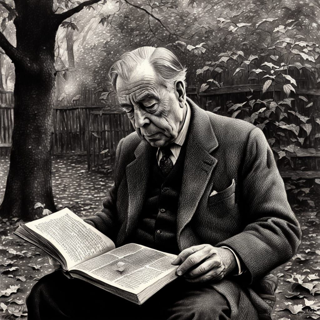 Jorge Luis Borges Portrait in Autumn, Charcoal Drawing