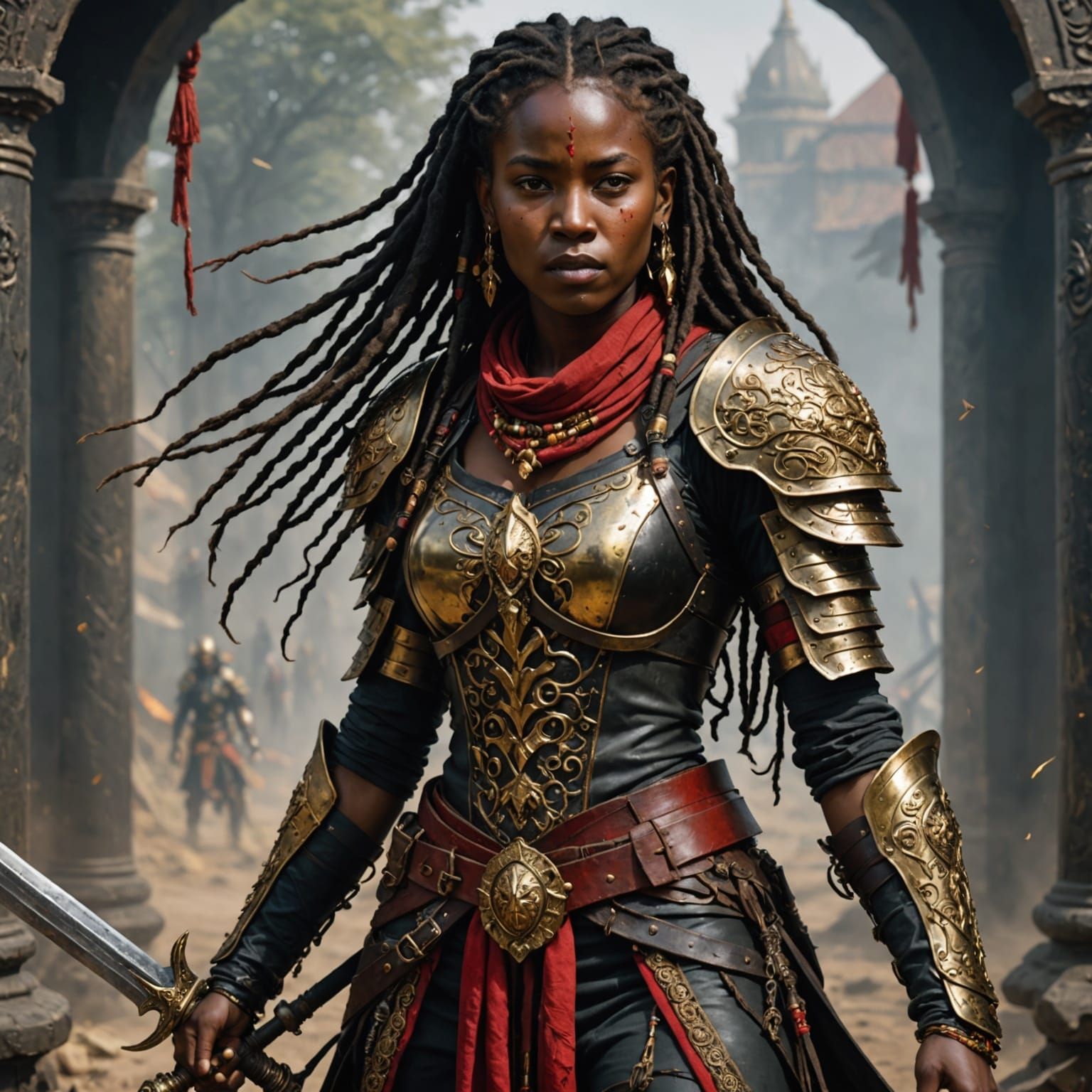 Strong Female Warrior with Ornate Armor in Digital Painting