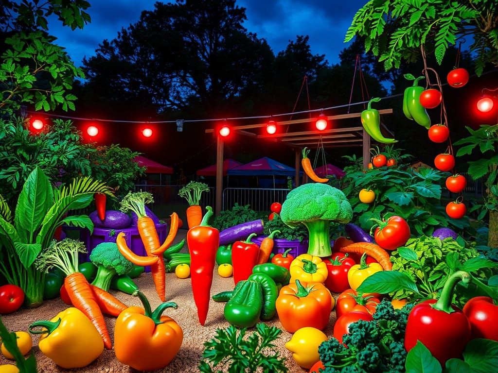 Vibrant Xenon-Lit Vegetable Zoo at Dusk
