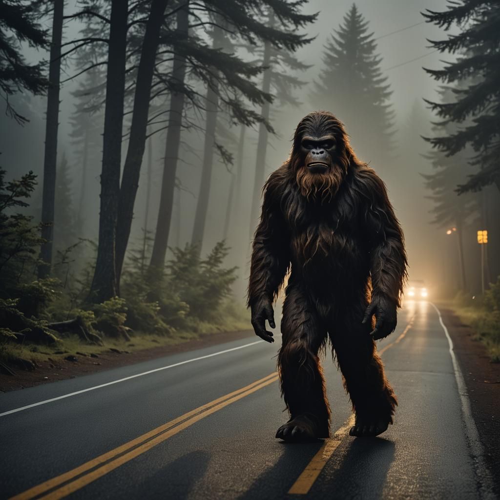 Sasquatch Walks Across Road in Moody Wildlife Photography