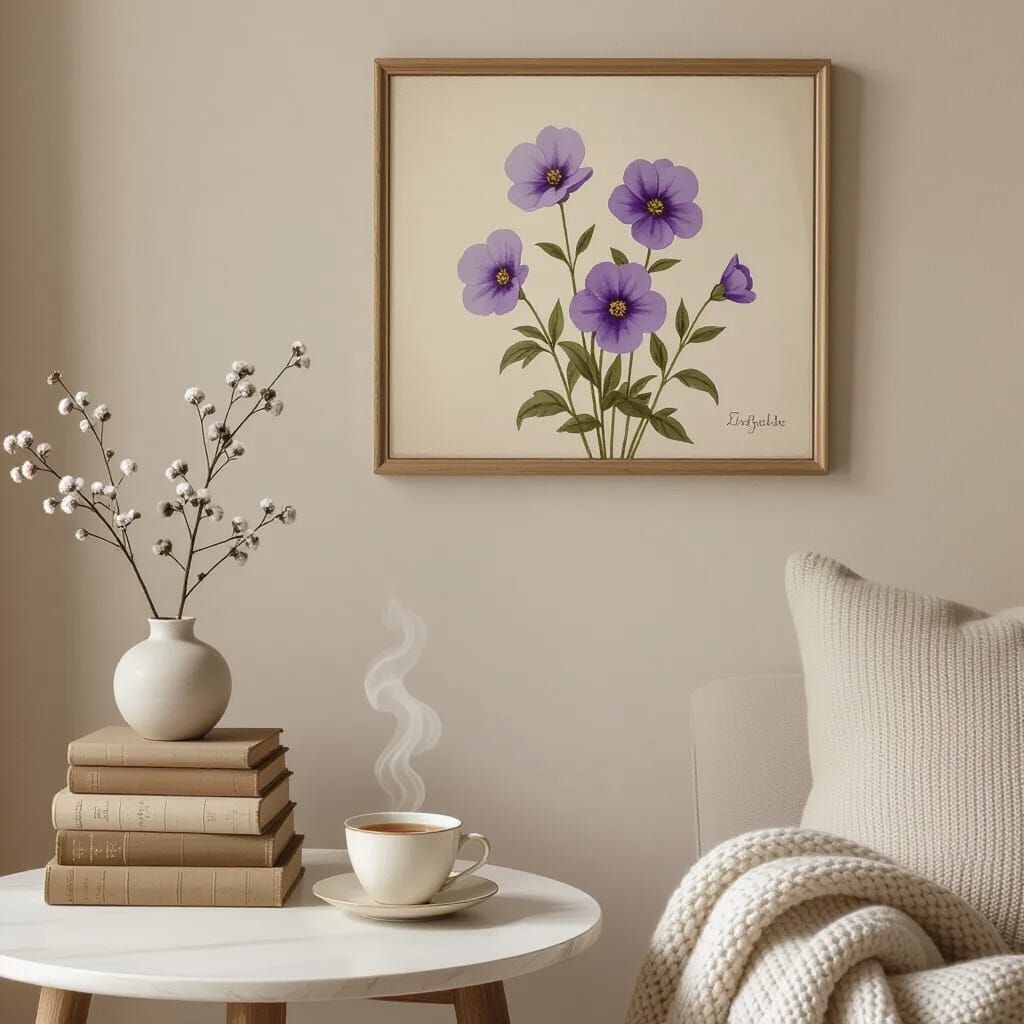 Serene Living Room with Purple Flower Painting