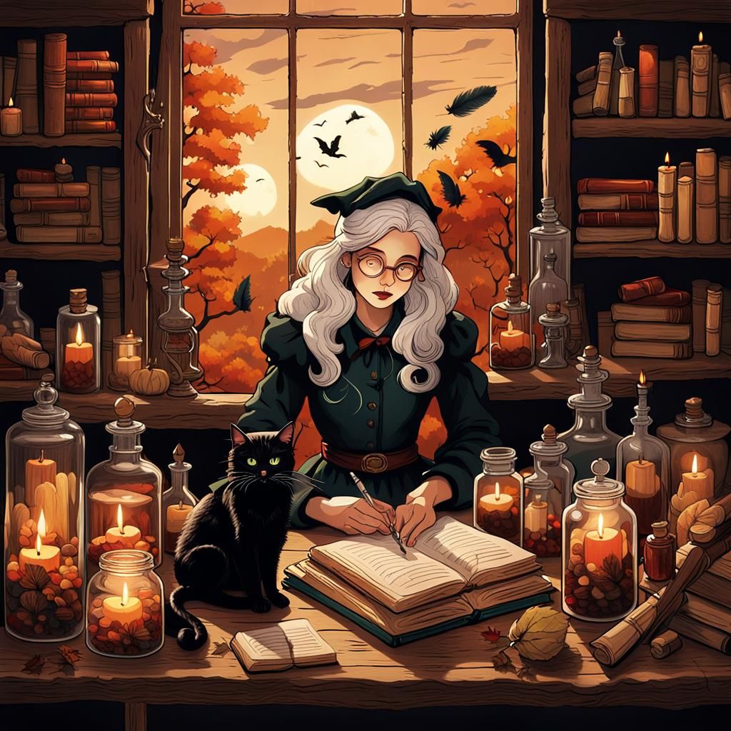 Vintage Witch Apothecary Scene with Black Cat