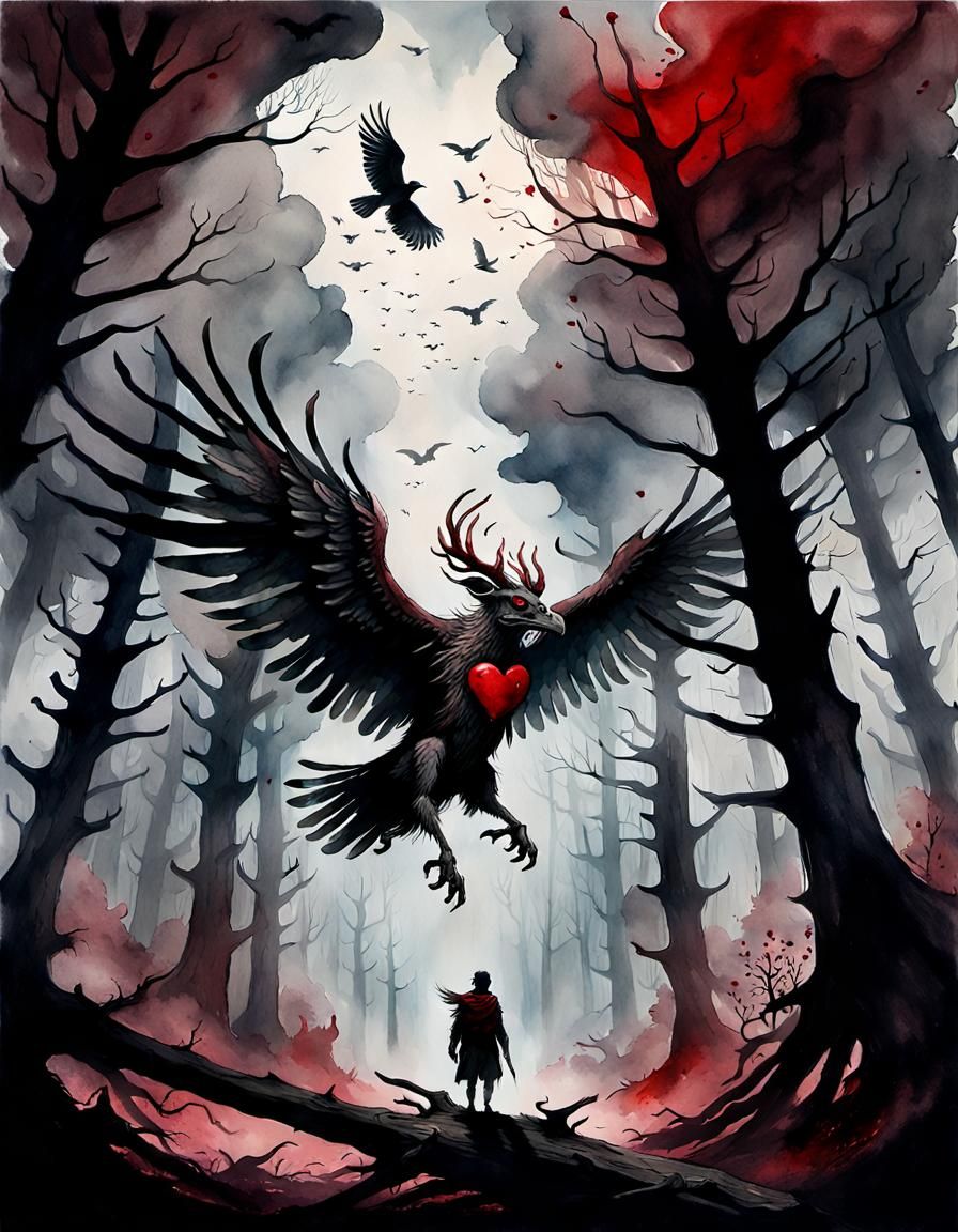 Peryton in Dead Forest: Ink and Watercolor