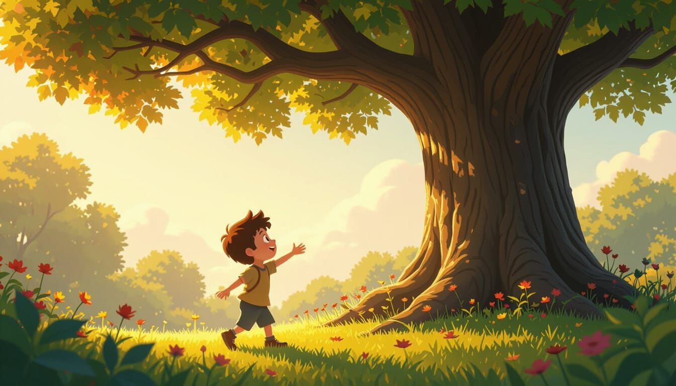 Boy and Tree Friendship in Pixar 3D Animation Style