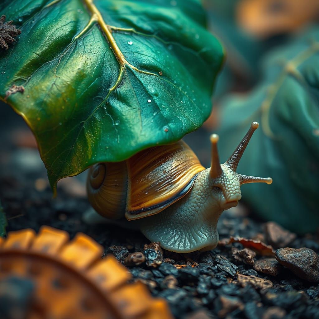 Snail Peeking From Under Leaf: Fantasy Concept Art