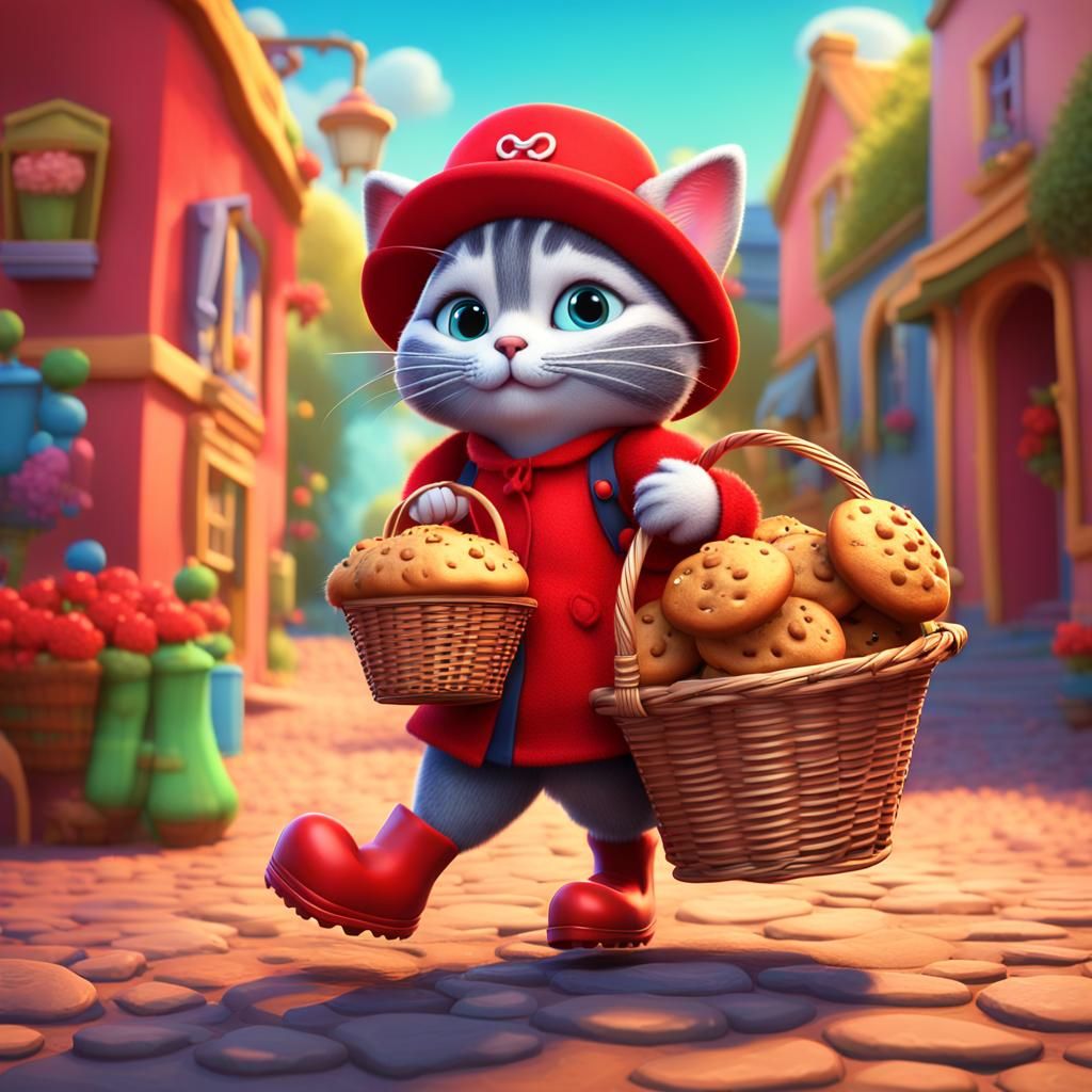 The cartoon character "Kitty" with a red hat, a red dress, red wellington boots and she is carrying a basket with muffin...