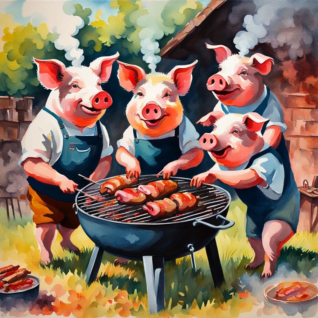 Happy Pigs at Smoky Barbecue: Gouache Watercolor Art