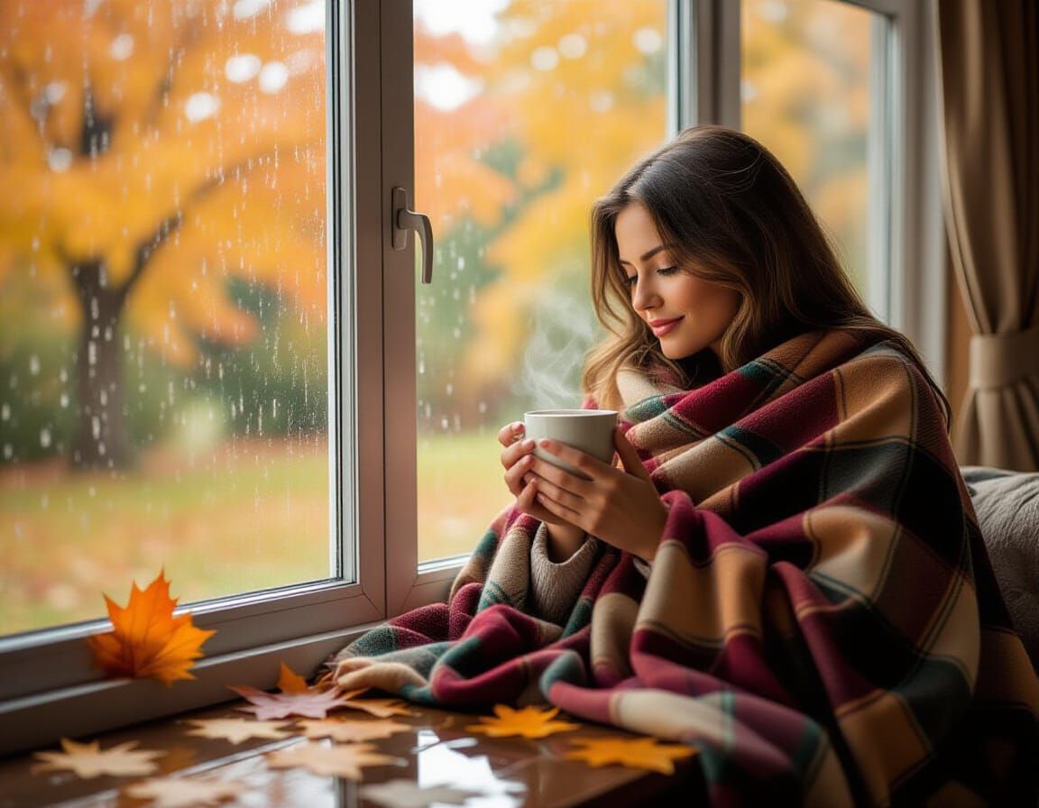 Autumn Rain: Woman with Tea by the Window