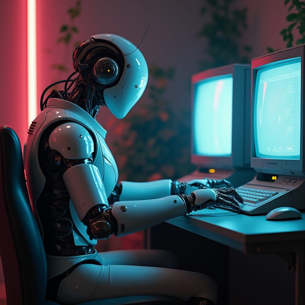 Futuristic Robot with Retro Computer in Neon Room