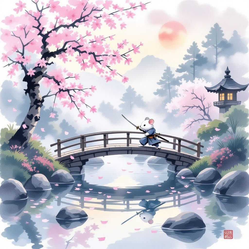 Peaceful Japanese Garden with Samurai Mouse at Dawn