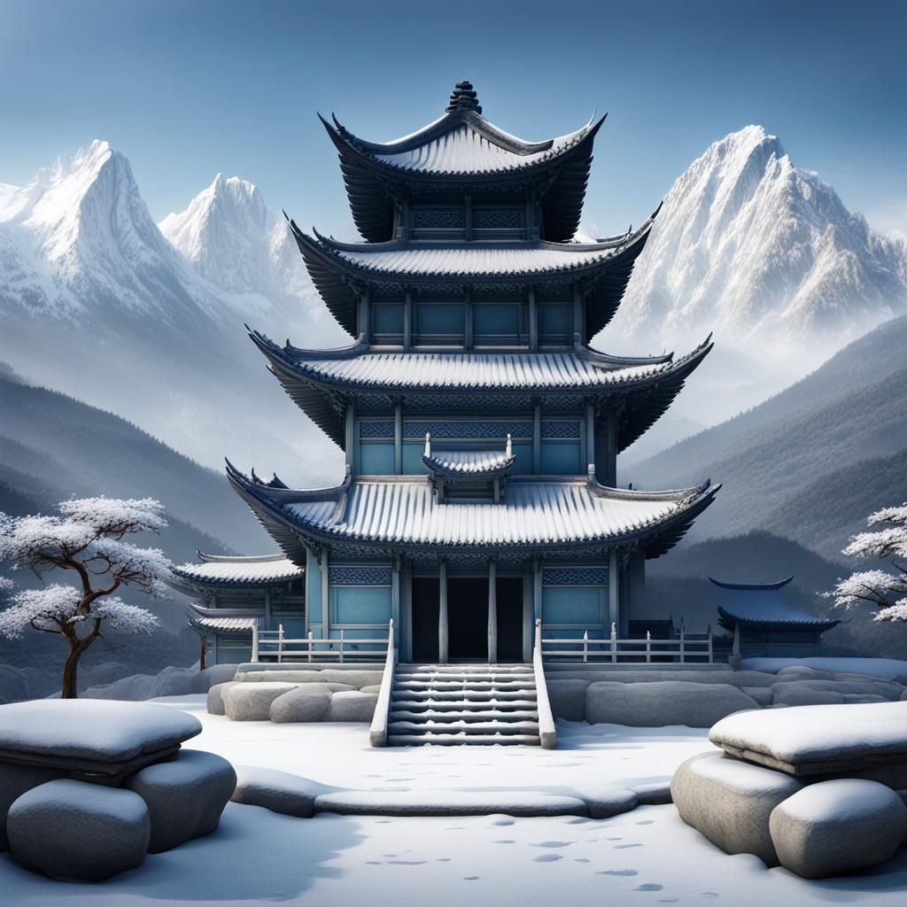 Zen Temple in Winter Landscape