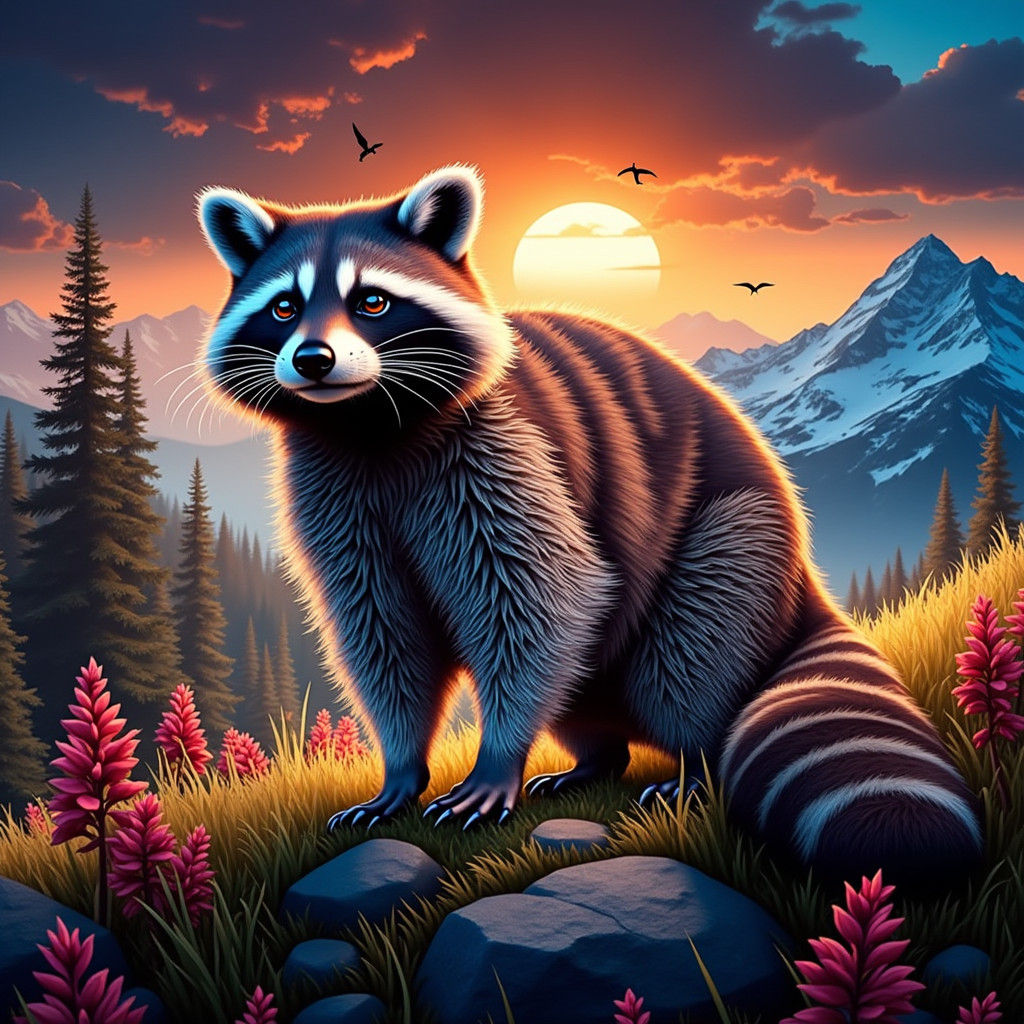 Realistic Mountain Raccoon Portrait in Triadic Colors