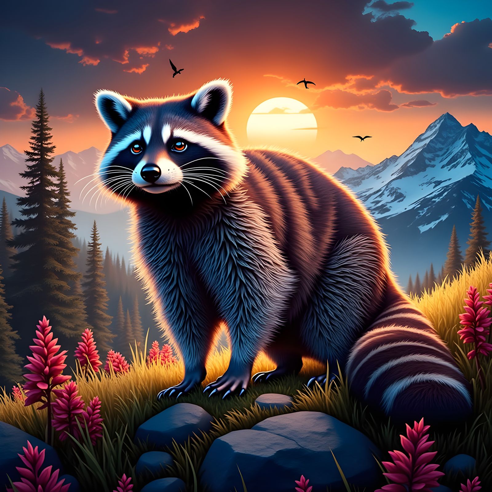 Realistic Raccoon Portrait in Mountain Landscape