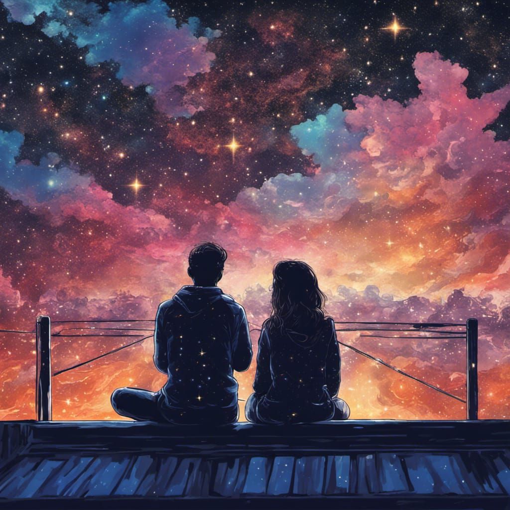 Couple Silhouetted Watching Starry Night Sky