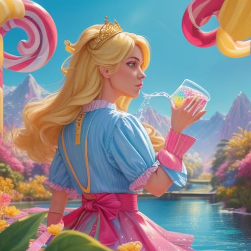 Queen Balances Harmony Beside River in Candy Art