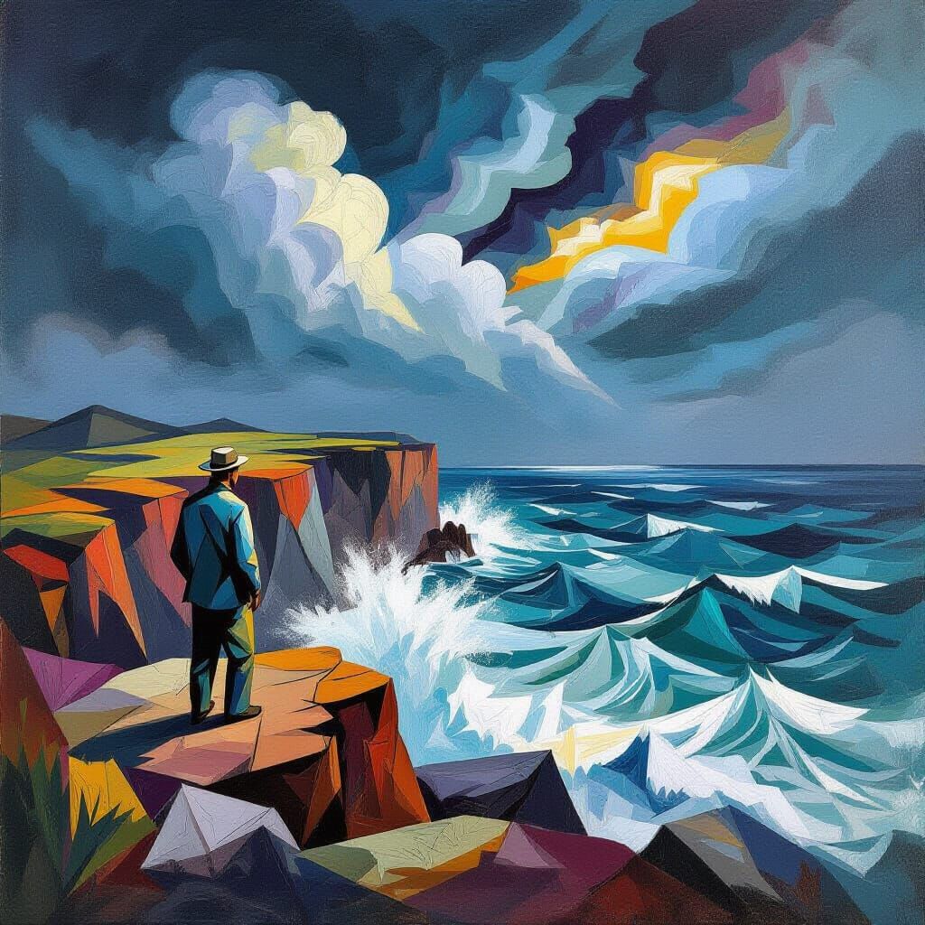 Cubist Geologist on Windswept Cliff Overlooking Stormy Sea