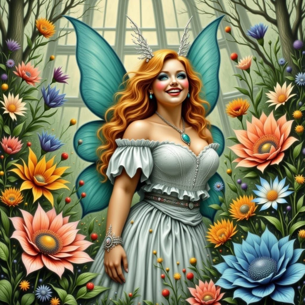 Fairy Witch Laughing in Greenhouse in Surreal Style