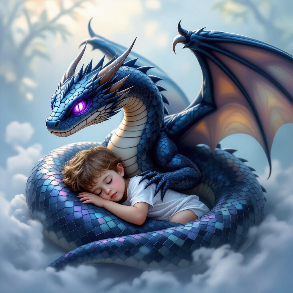 Dragon-winged Snake Cradles Boy in Dreamy Landscape