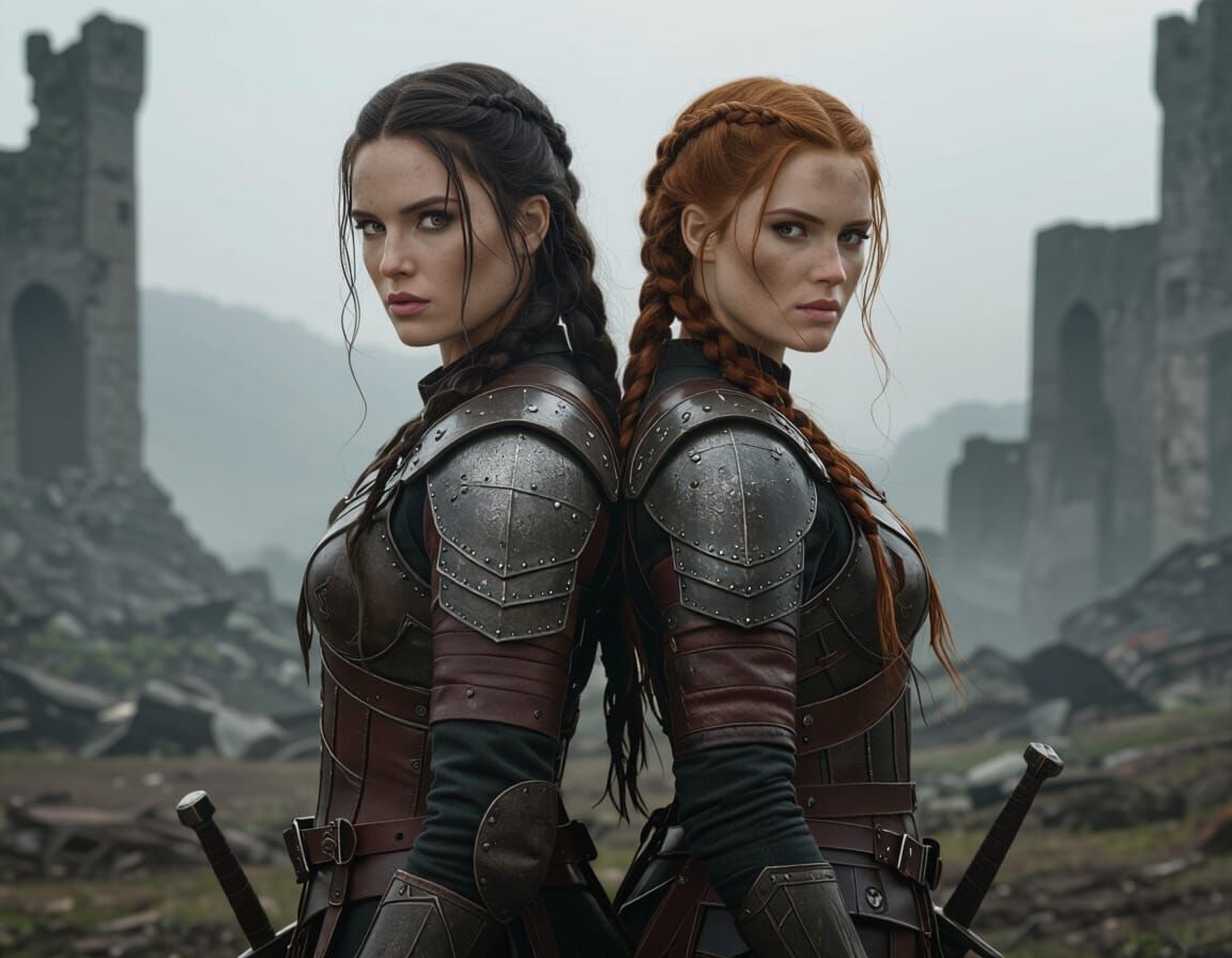 Two Fierce Female Warriors on a Misty Battlefield