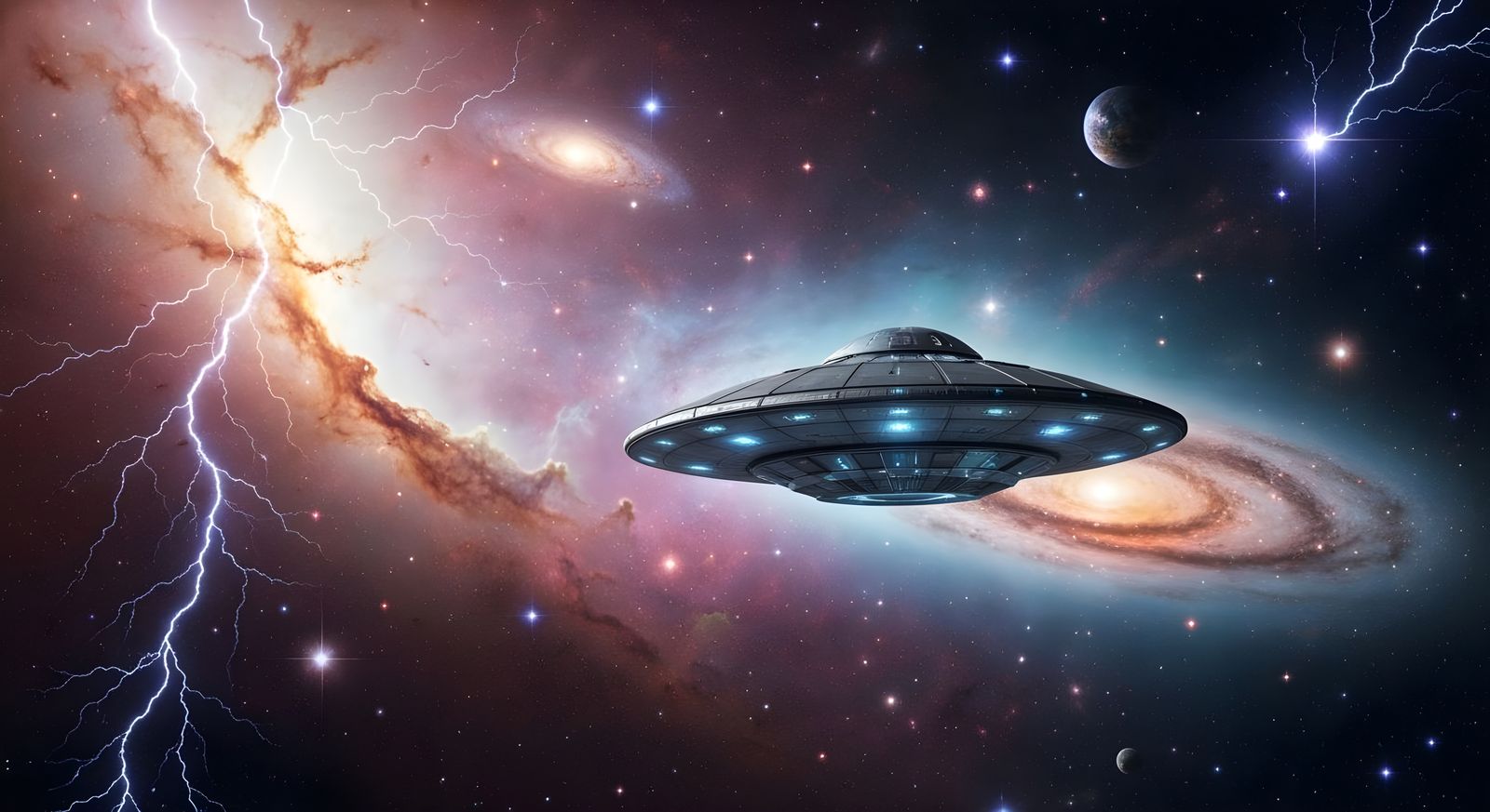 UFO in Space Nebula, Hyperrealistic Oil Painting