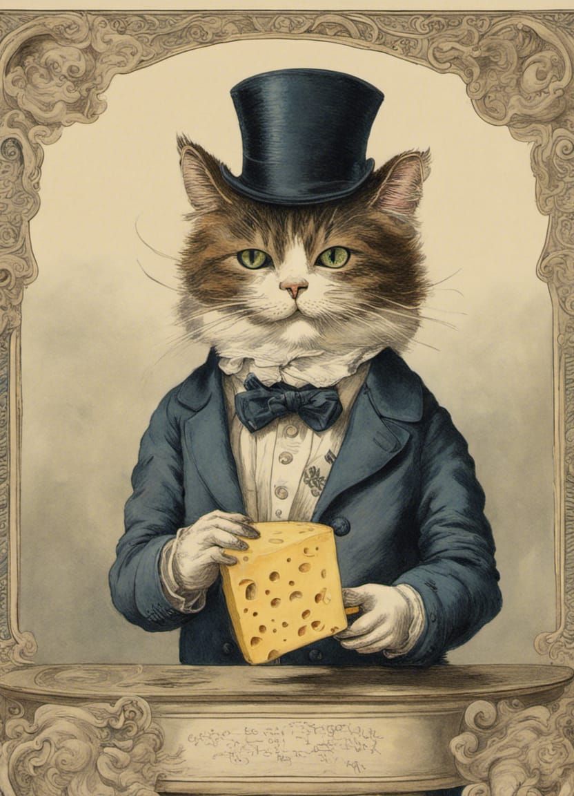 Victorian Cat Holding Cheese, Classic Illustration