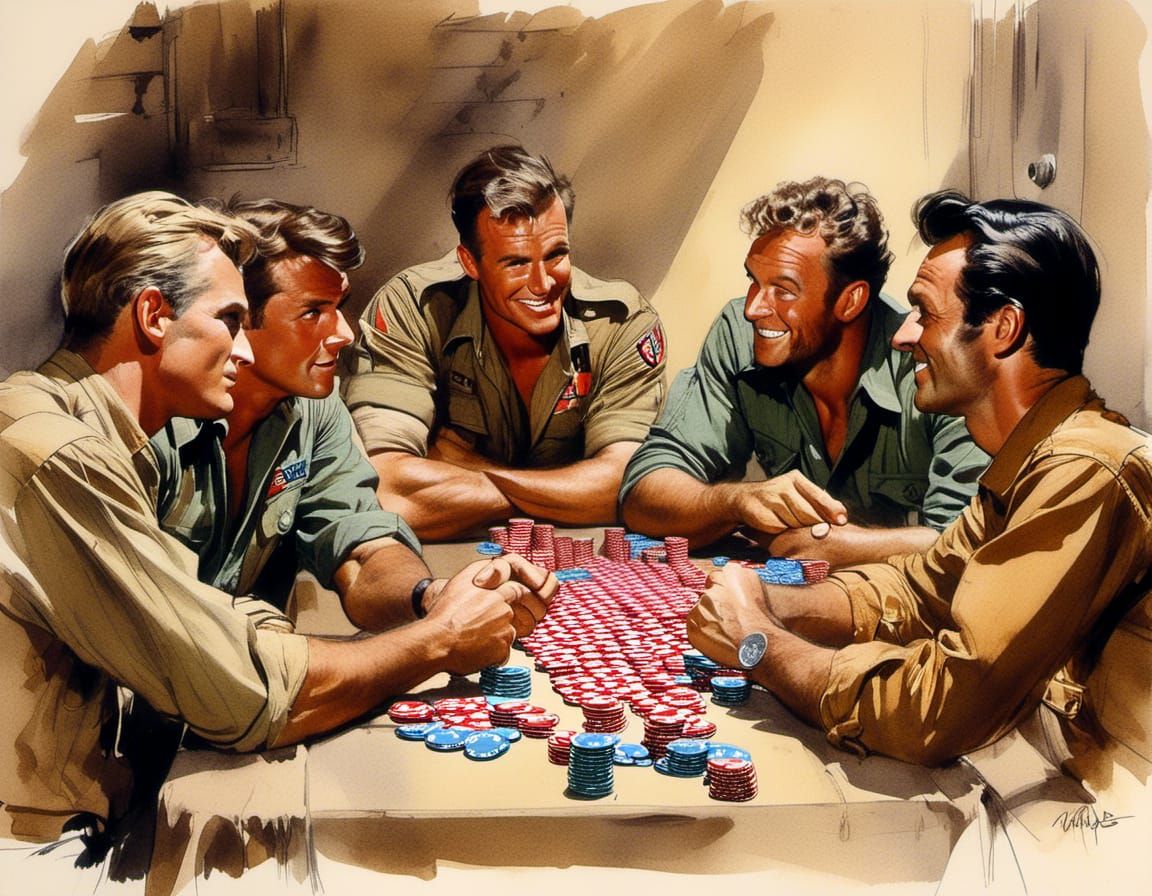 MASH Poker Night Portrait in Elvgren Style