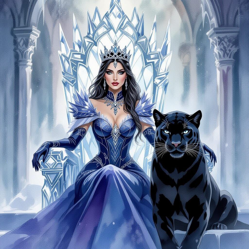 Queen of Midnight on Diamond Throne: Watercolor Fantasy Art