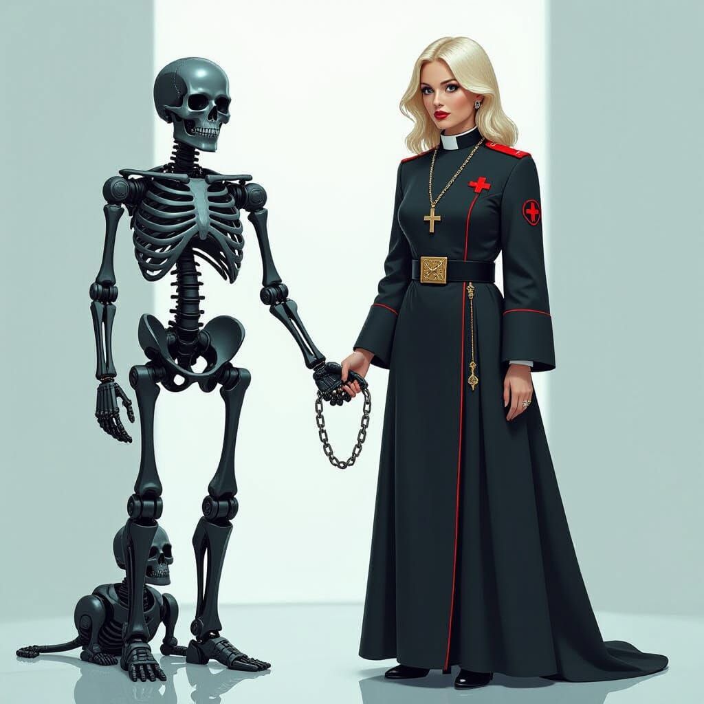 Vicar and Skeleton Handcuffed to Robots in Futuristic Noir