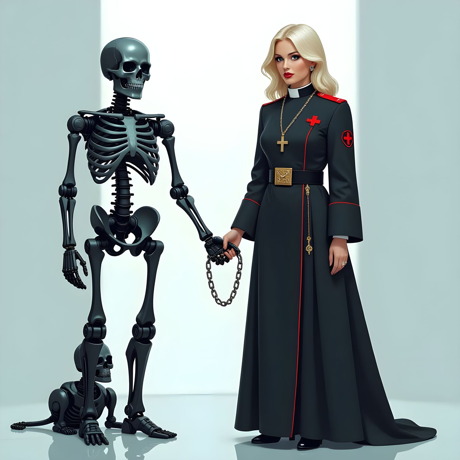 Vicar, Skeleton, and Robots in Futuristic Noir Style