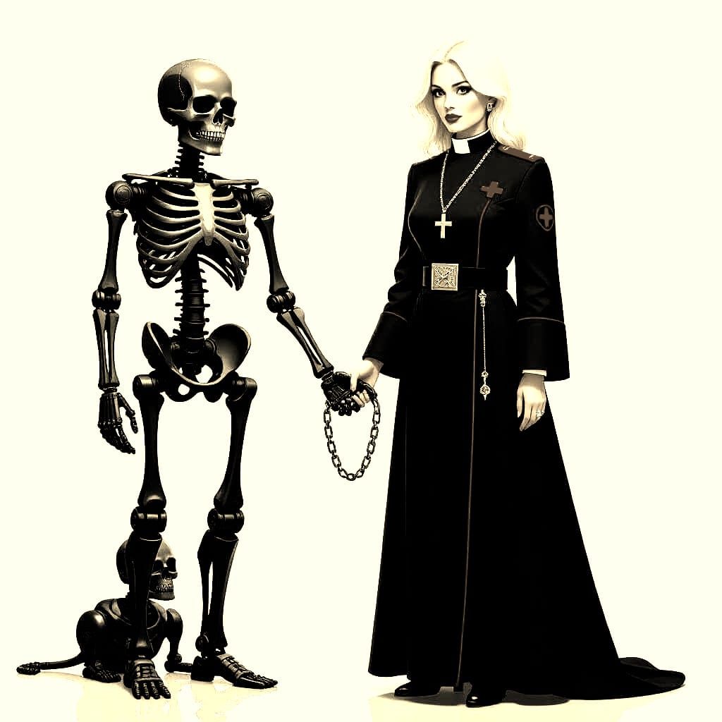 Vicar with Skeleton Handcuffed to Robots