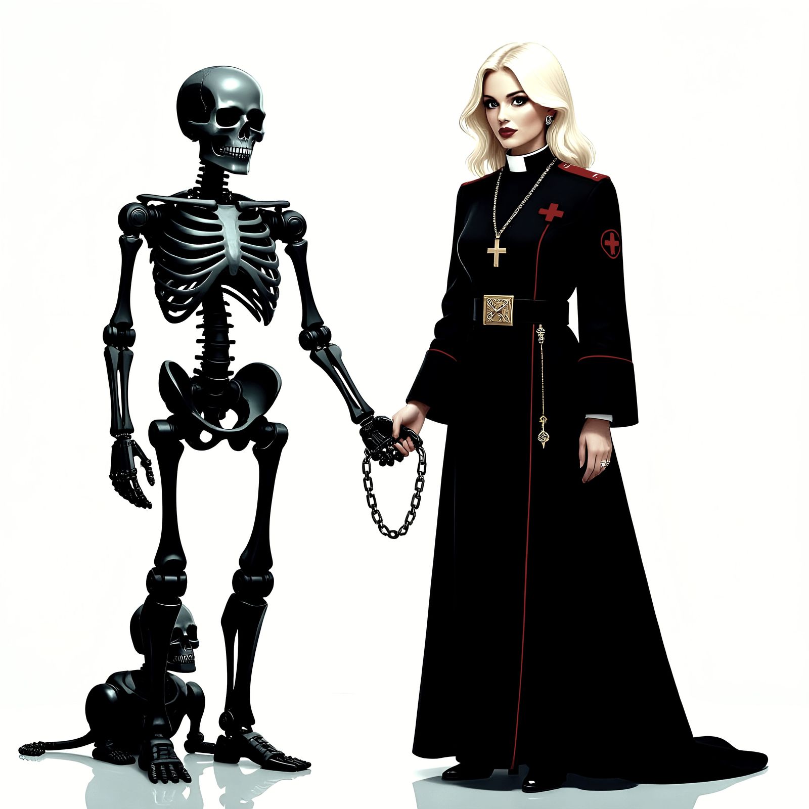 Vicar and Skeleton Handcuffed to Robots