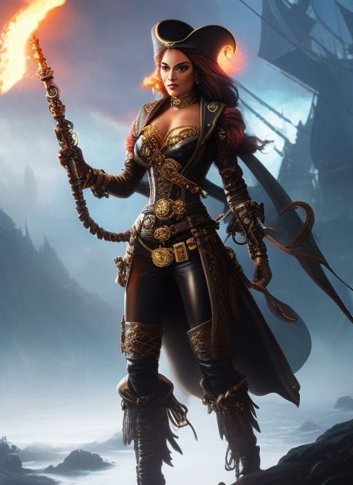 Steampunk Airship Pirate Woman in Detailed Digital Painting