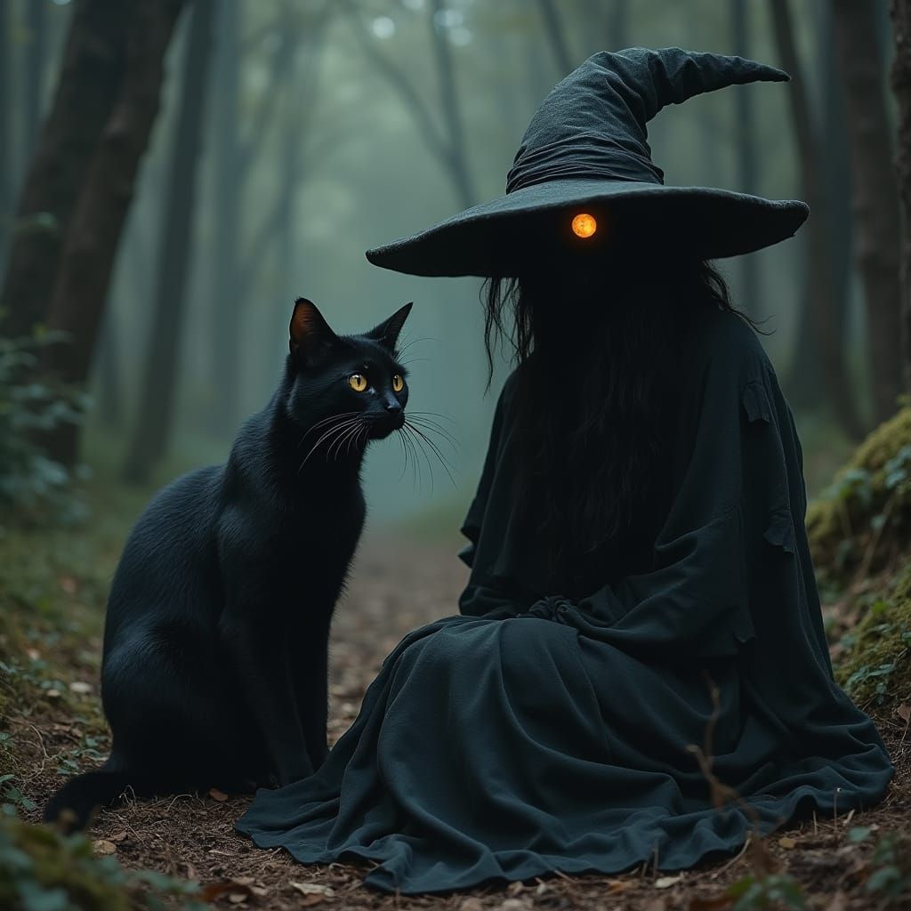 Mysterious Black Cat with Witch in Dark Forest