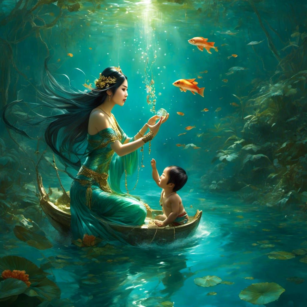 Naiad Emerges with Jewel: Asian Fantasy Art