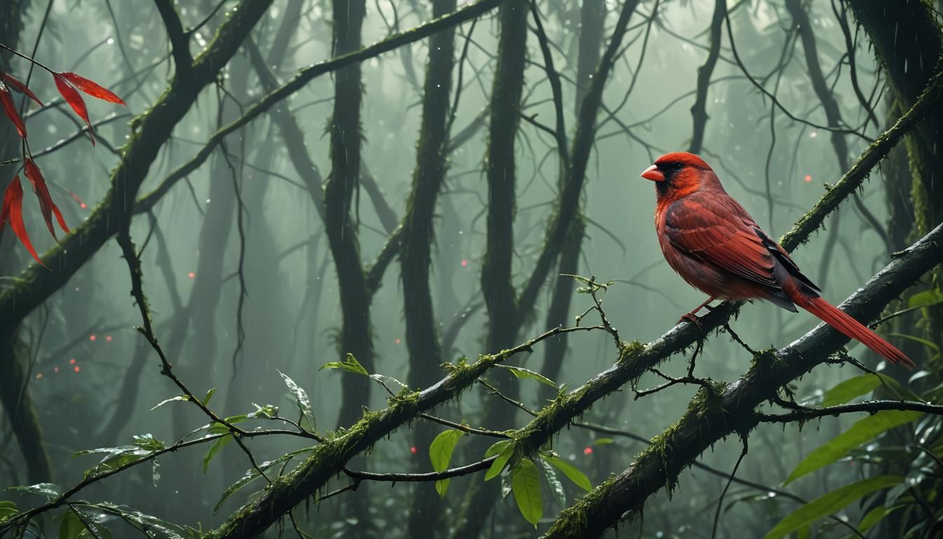 Red Sparrow in Rainforest: Surrealist Oil Painting