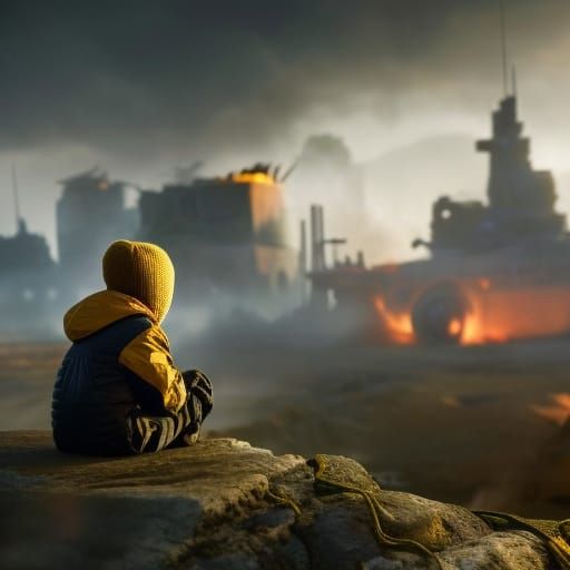 Terrified Boy in War-Torn City: Hyperdetailed Digital Art