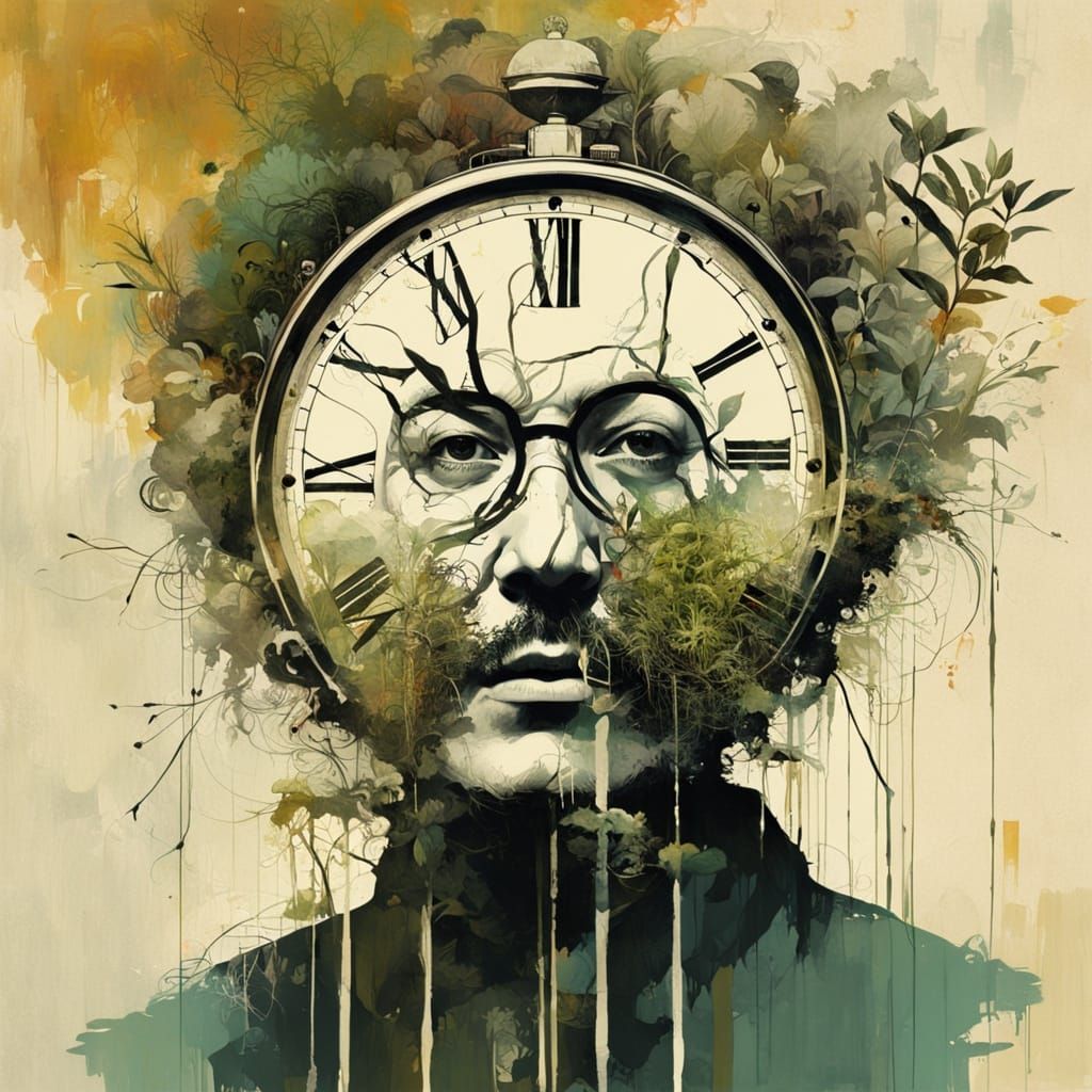 Surrealist Figure Merges with Melting Clockwork in Dreamlike...