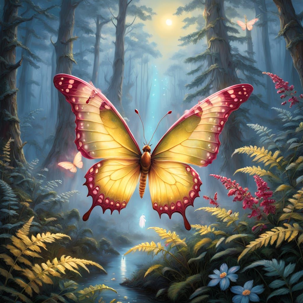 Whimsical Yellow Butterfly in Ethereal Forest