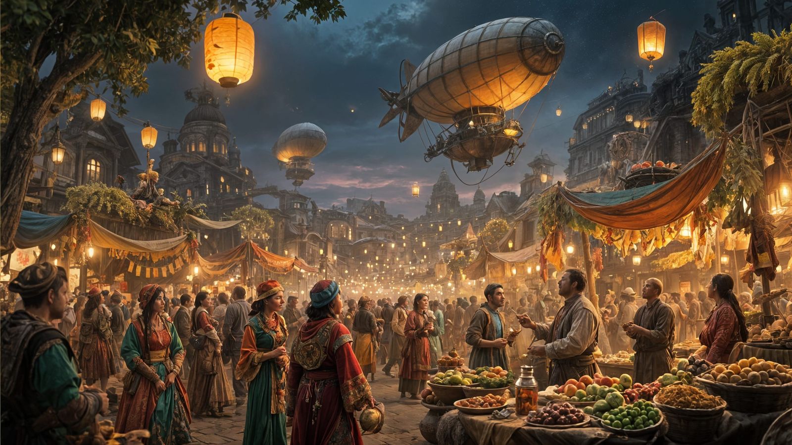 Grand Harvest Festival With Airships Over Bustling Marketpla...