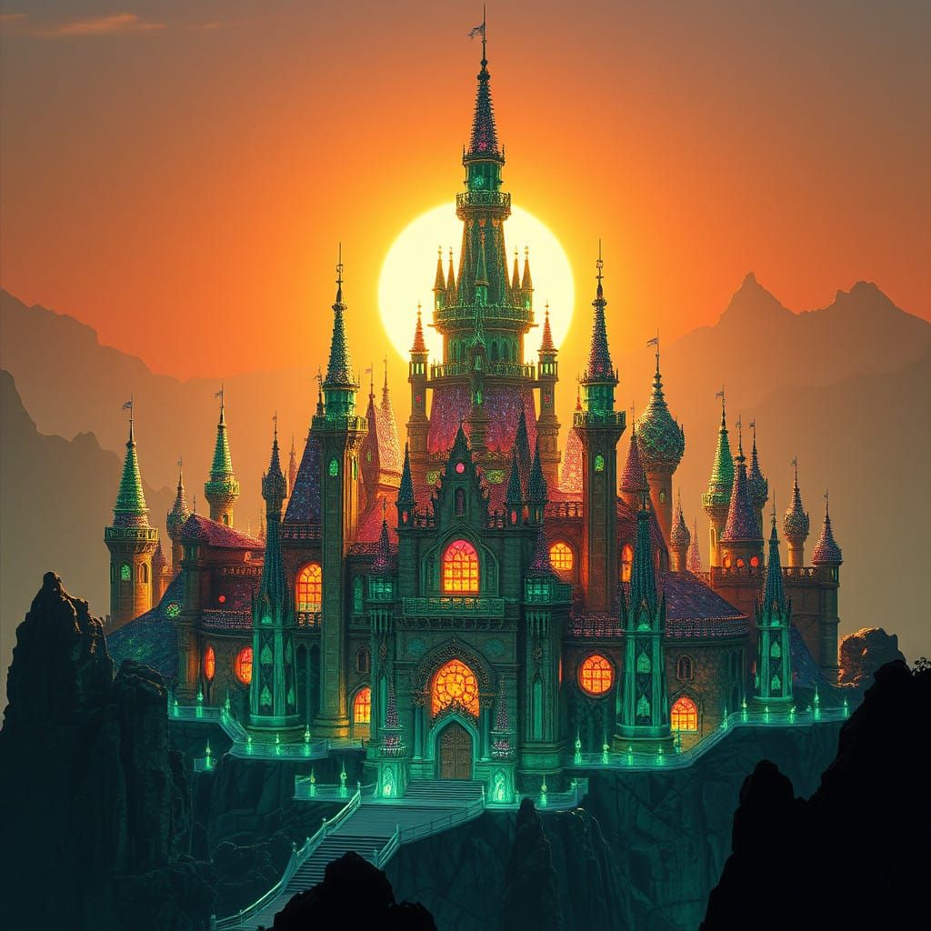 Emerald Ruby Sapphire Castle Radiates Ethereal Glow in Sunse...