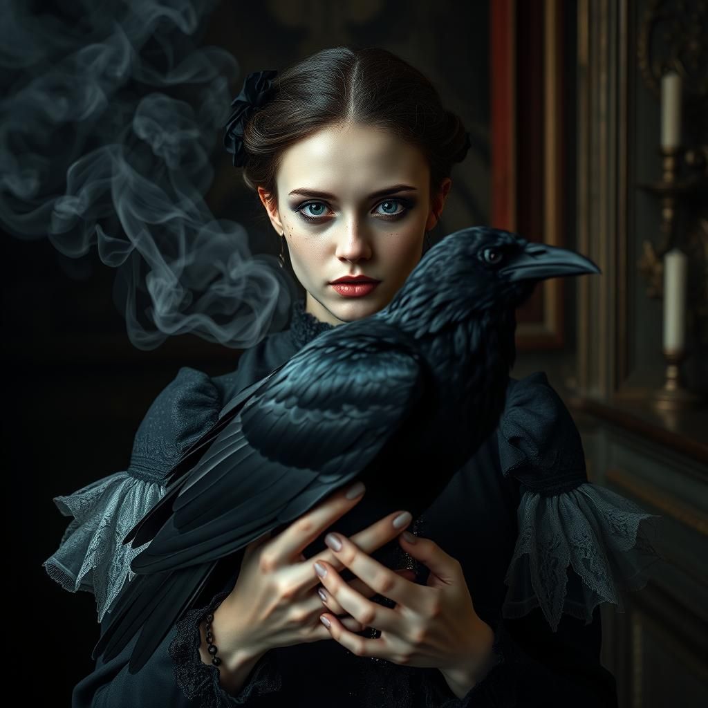Woman with Raven in Dark Baroque Style
