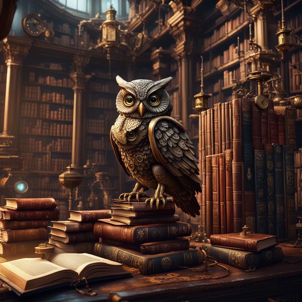 Steampunk Library with Mechanical Owls