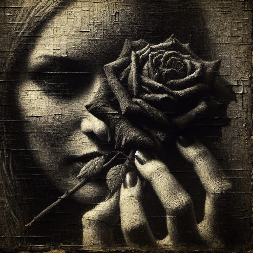 Woman withering rose in vintage matte painting