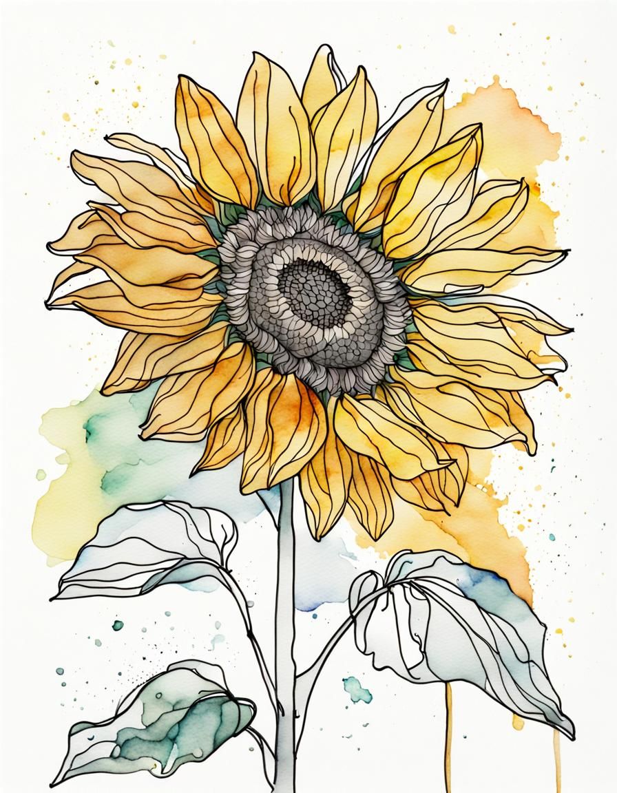 Sunflower One Line Art with Watercolor
