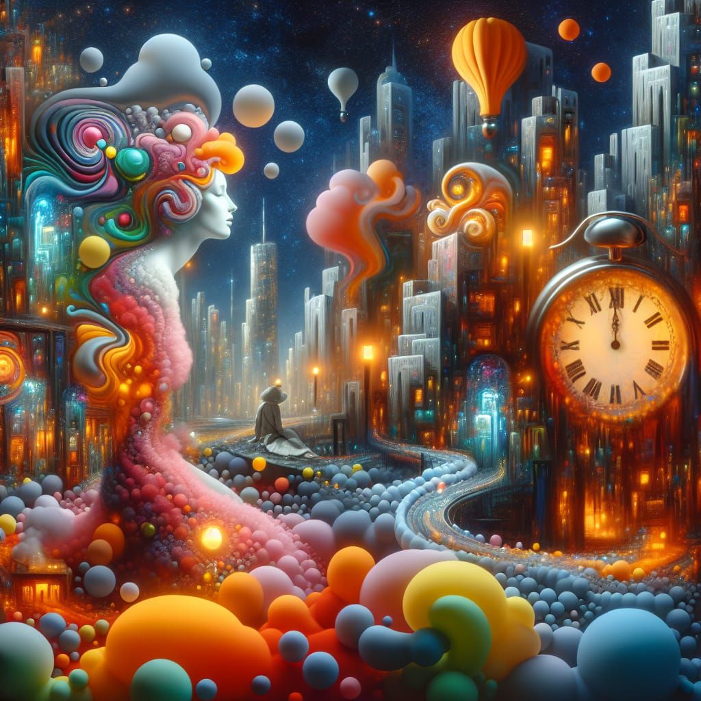 Surreal Dreamscape: Woman in Neon City, Digital Art