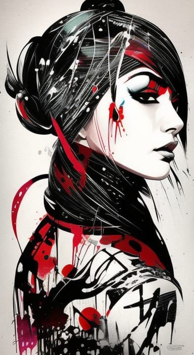 Female Ninja Portrait in Digital Line Art Style