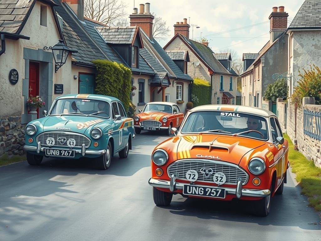 Vauxhall Cars Race Through Irish Village in Watercolor