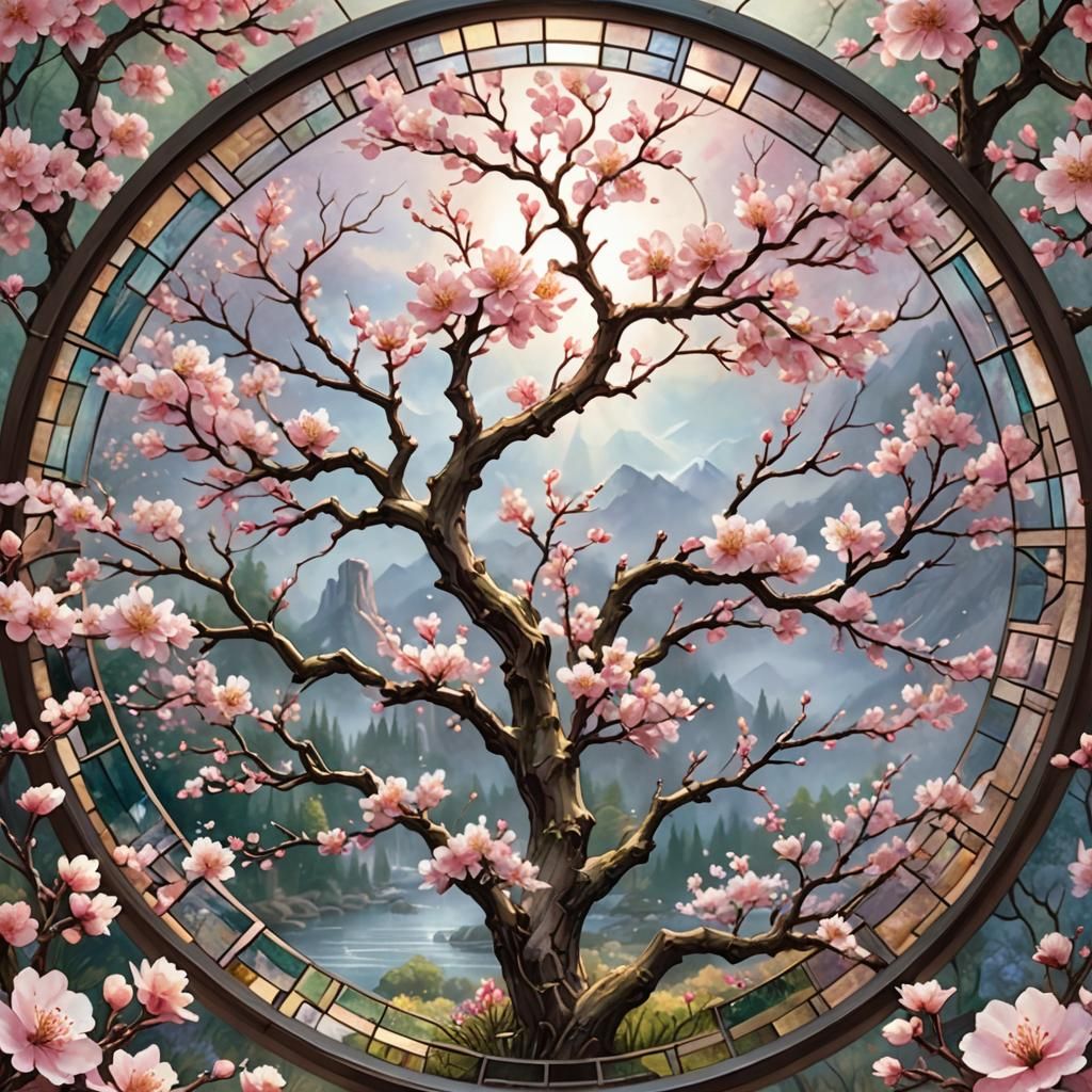 Ethereal Cherry Blossom in Stained Glass Style