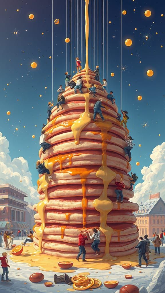 Vibrant Whimsical Food Fantasy: Climbers Amidst a Giant Stac...